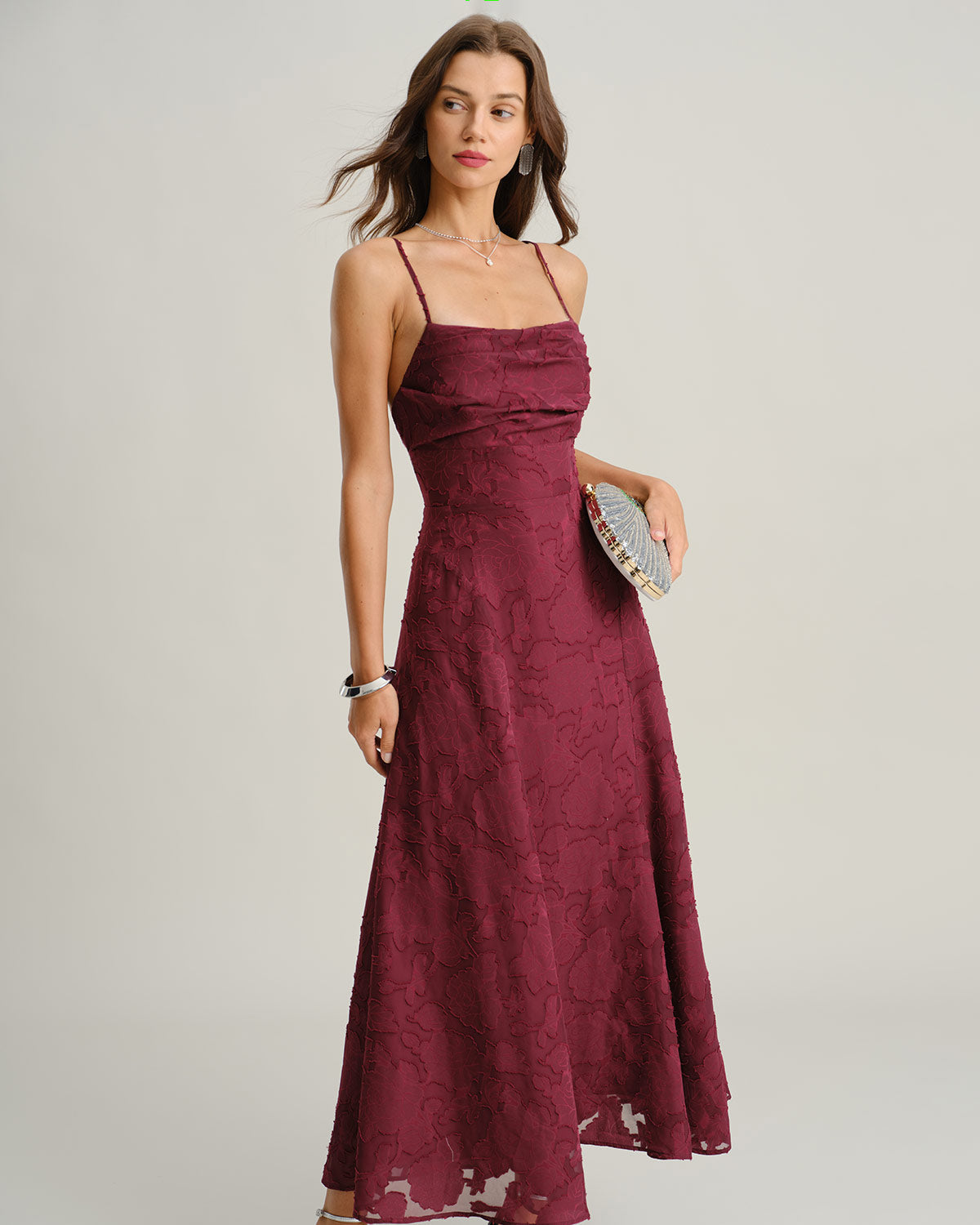 Vestido maxi slip em jacquard — Vinho