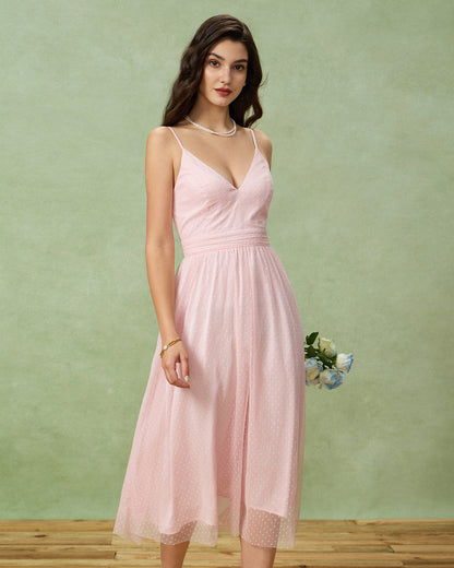 Vestido slip midi rosa com decote em V e costas nuas