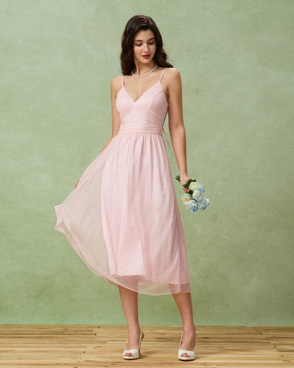 Vestido slip midi rosa com decote em V e costas nuas