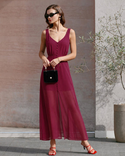 Vestido longo de chiffon com fenda e botões — Vinho