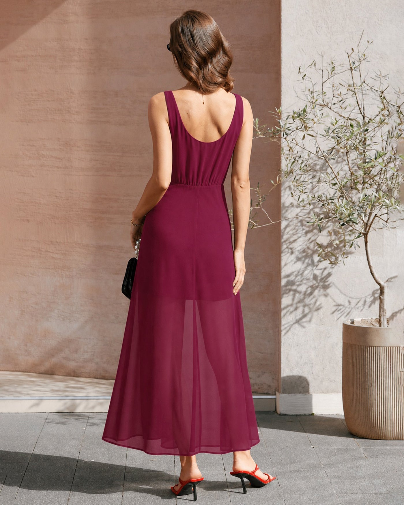 Vestido longo de chiffon com fenda e botões — Vinho