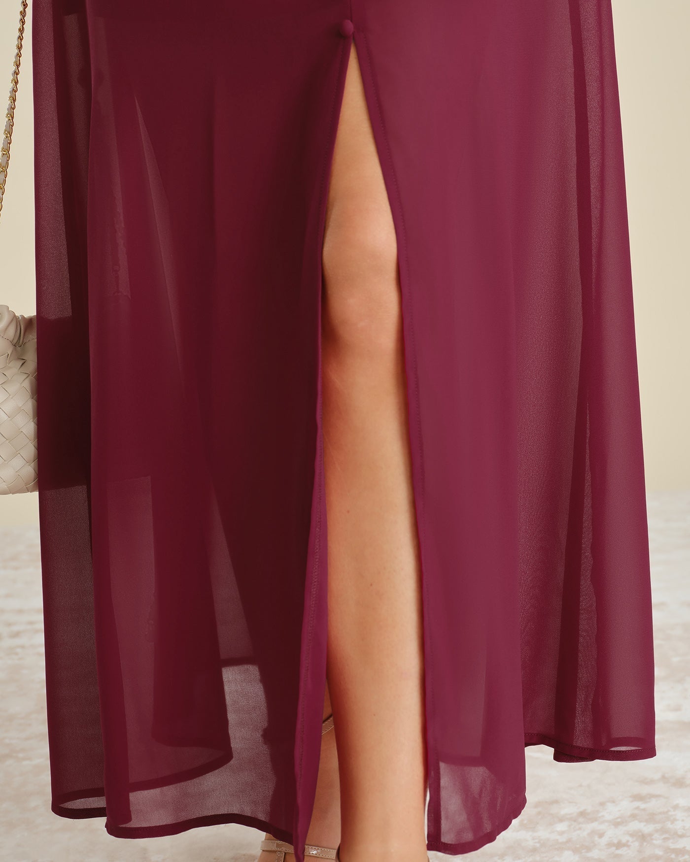 Vestido longo de chiffon com fenda e botões — Vinho