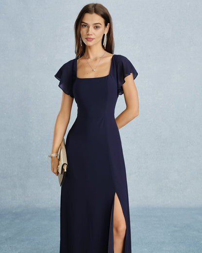 Vestido longo de chiffon azul-marinho com decote quadrado e fenda