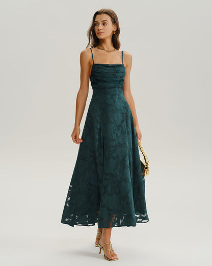 Vestido longo evasê estilo slip em jacquard verde