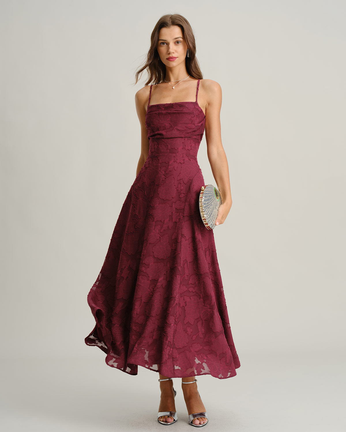 Vestido maxi slip em jacquard — Vinho