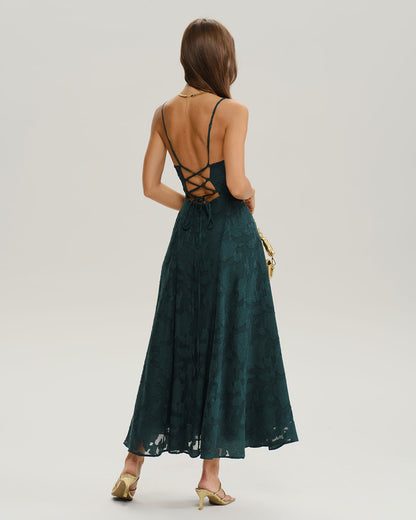 Vestido longo evasê estilo slip em jacquard verde