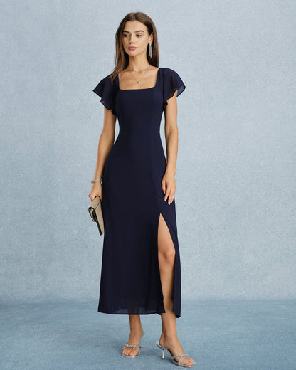 Vestido longo de chiffon azul-marinho com decote quadrado e fenda