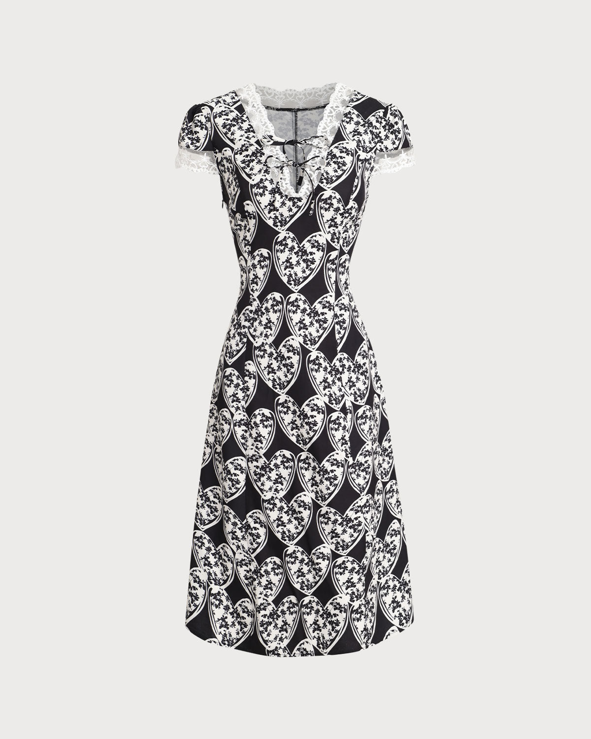 Vestido midi preto com estampa floral e detalhe em renda
