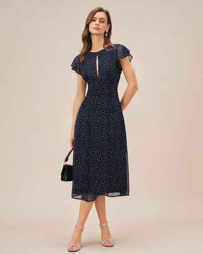 Vestido midi azul com estampa de poá