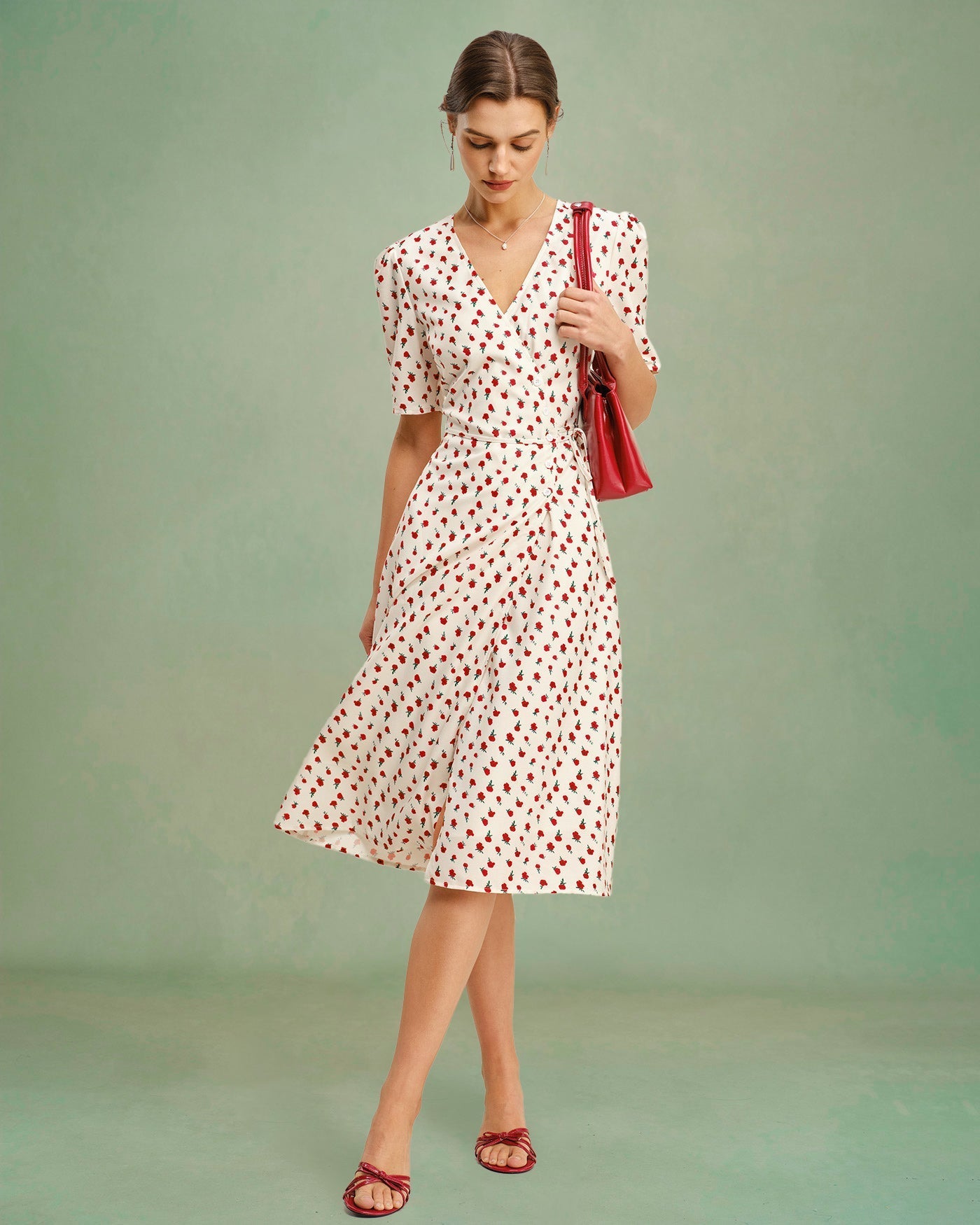 Vestido midi floral com decote em V — Damasco