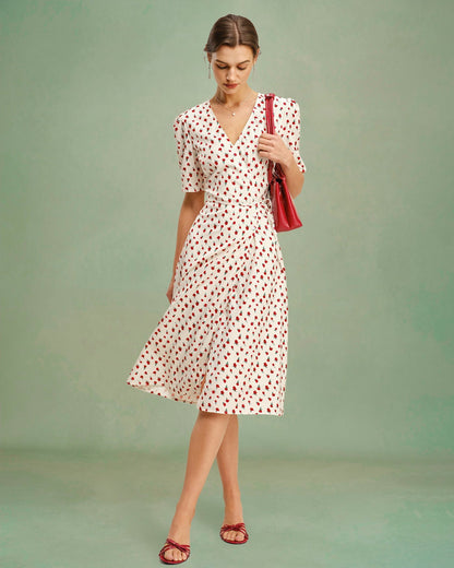 Vestido midi floral com decote em V — Damasco