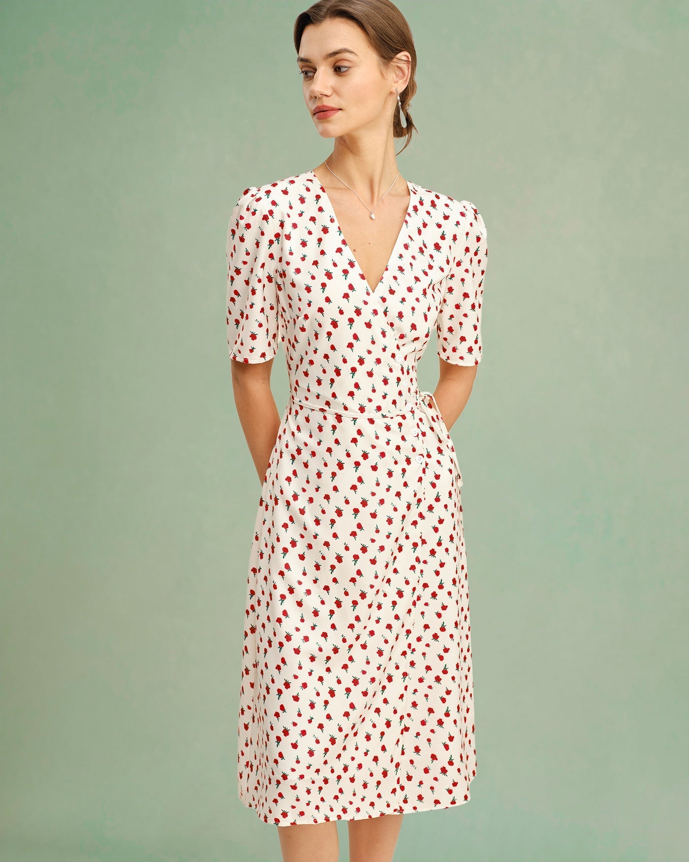 Vestido midi floral com decote em V — Damasco