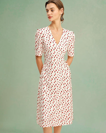 Vestido midi floral com decote em V — Damasco