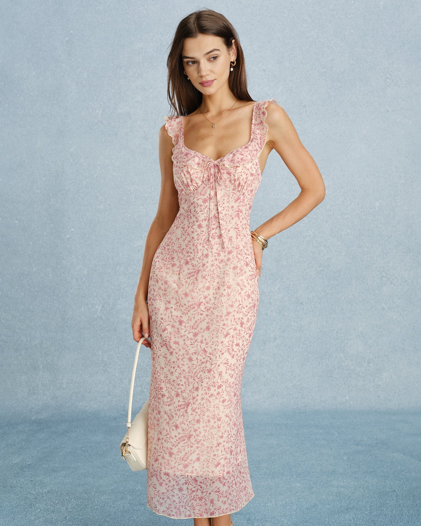 Vestido midi rosa com decote em V, babados e amarração