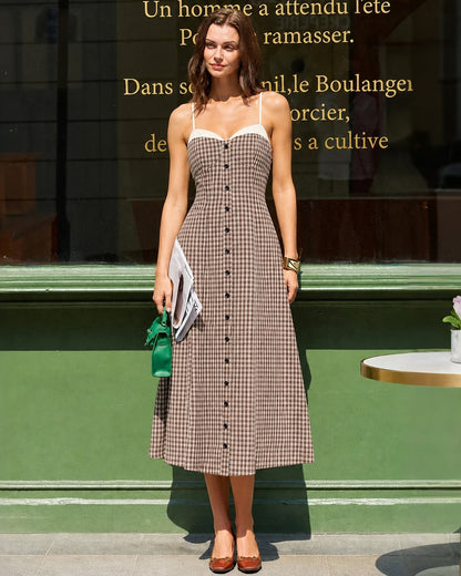 Vestido Midi Slip Xadrez Café