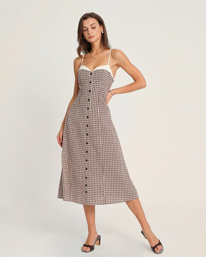 Vestido Midi Slip Xadrez Café