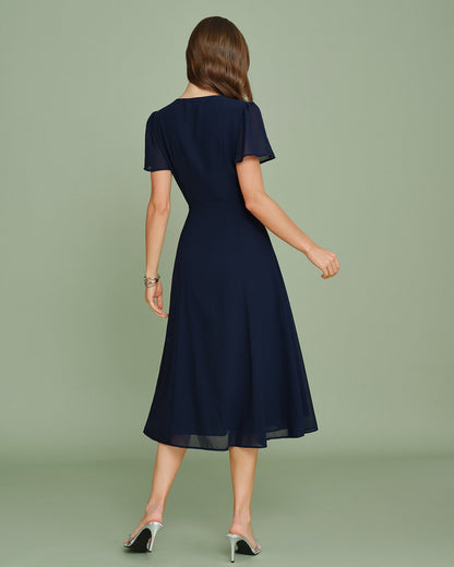 Vestido Midi em Chiffon com Recorte - Azul-marinho