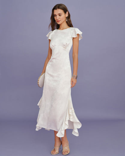 Vestido midi bege em jacquard com babados e decote canoa