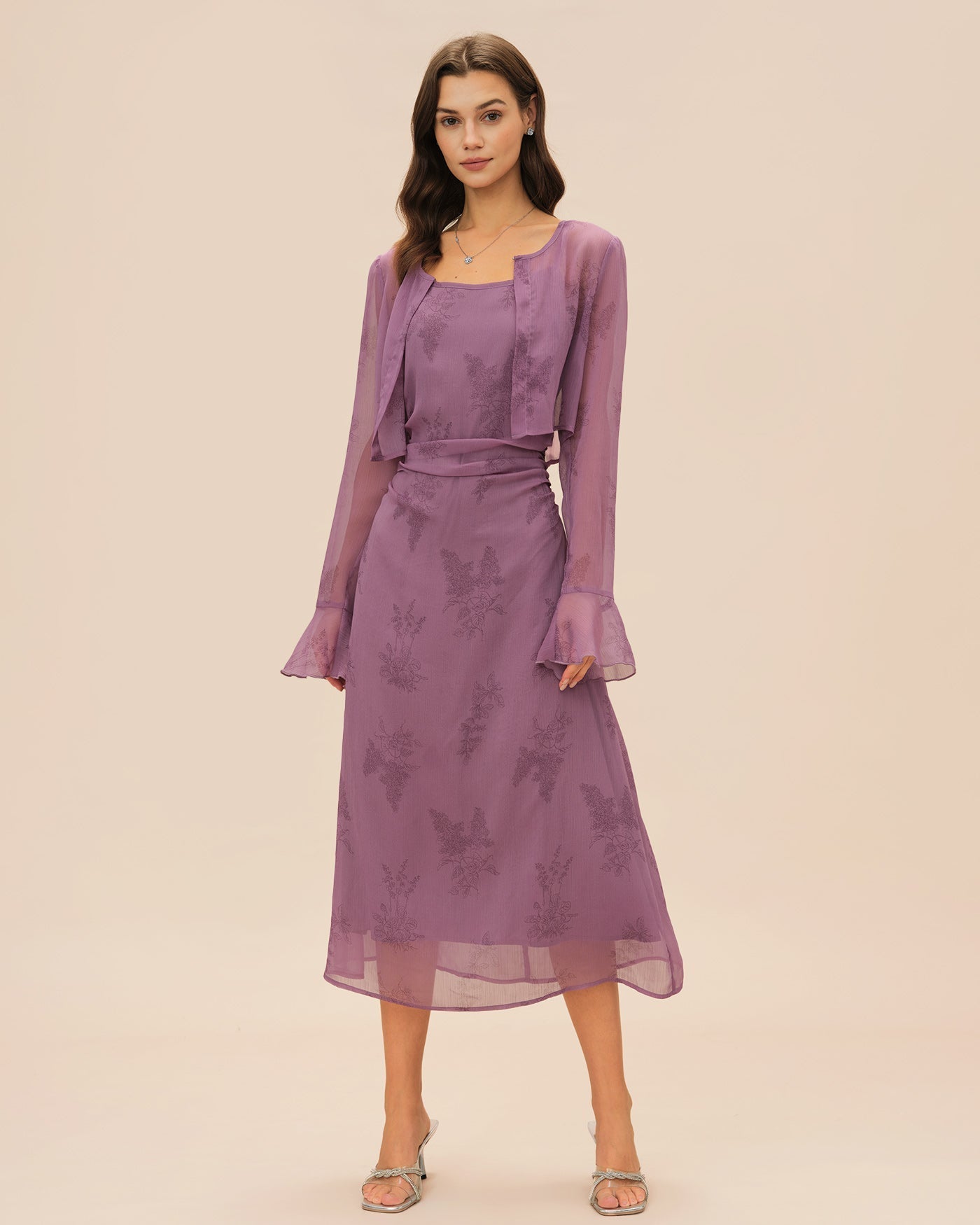 Vestido midi slip floral roxo com franzidos
