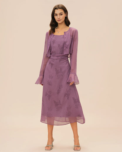 Vestido midi slip floral roxo com franzidos