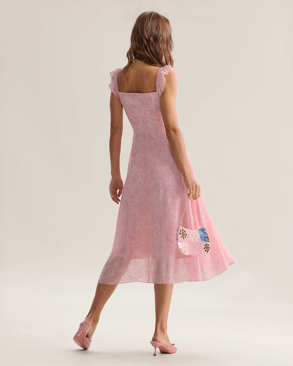 Vestido midi rosa com decote quadrado e babados