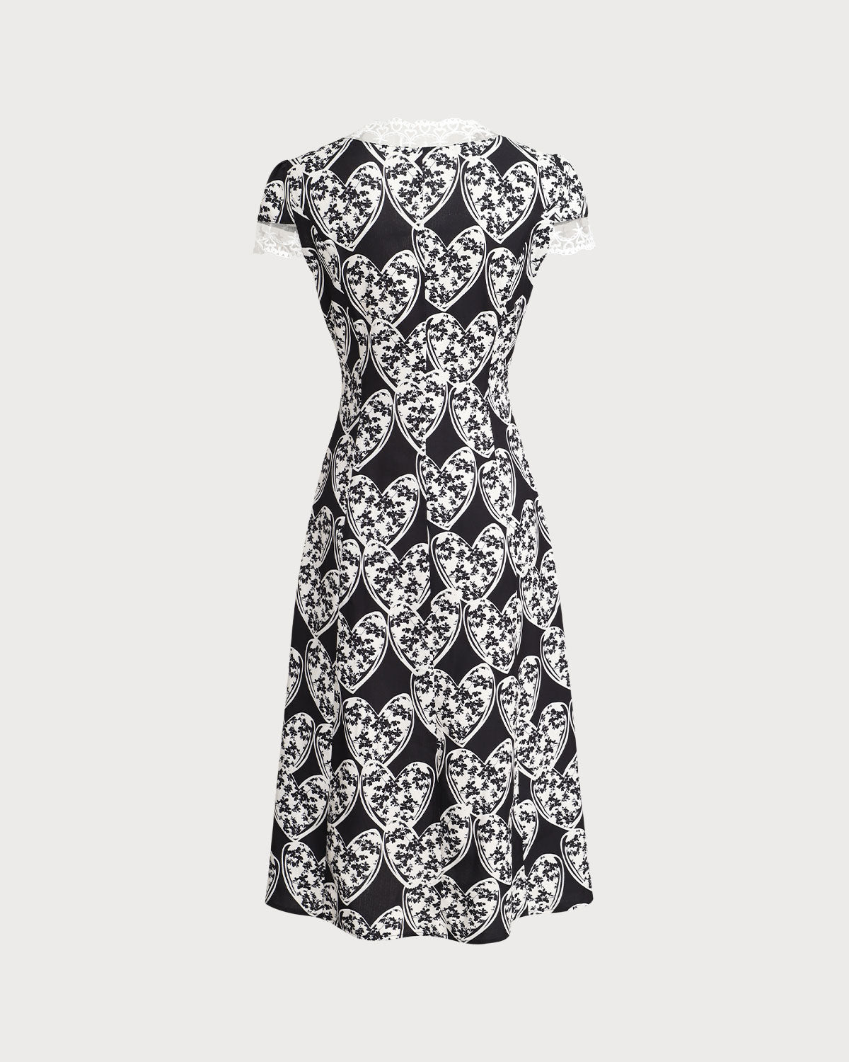Vestido midi preto com estampa floral e detalhe em renda