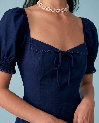 Vestido Midi Azul Marinho com Decote em V e Mangas Bufantes