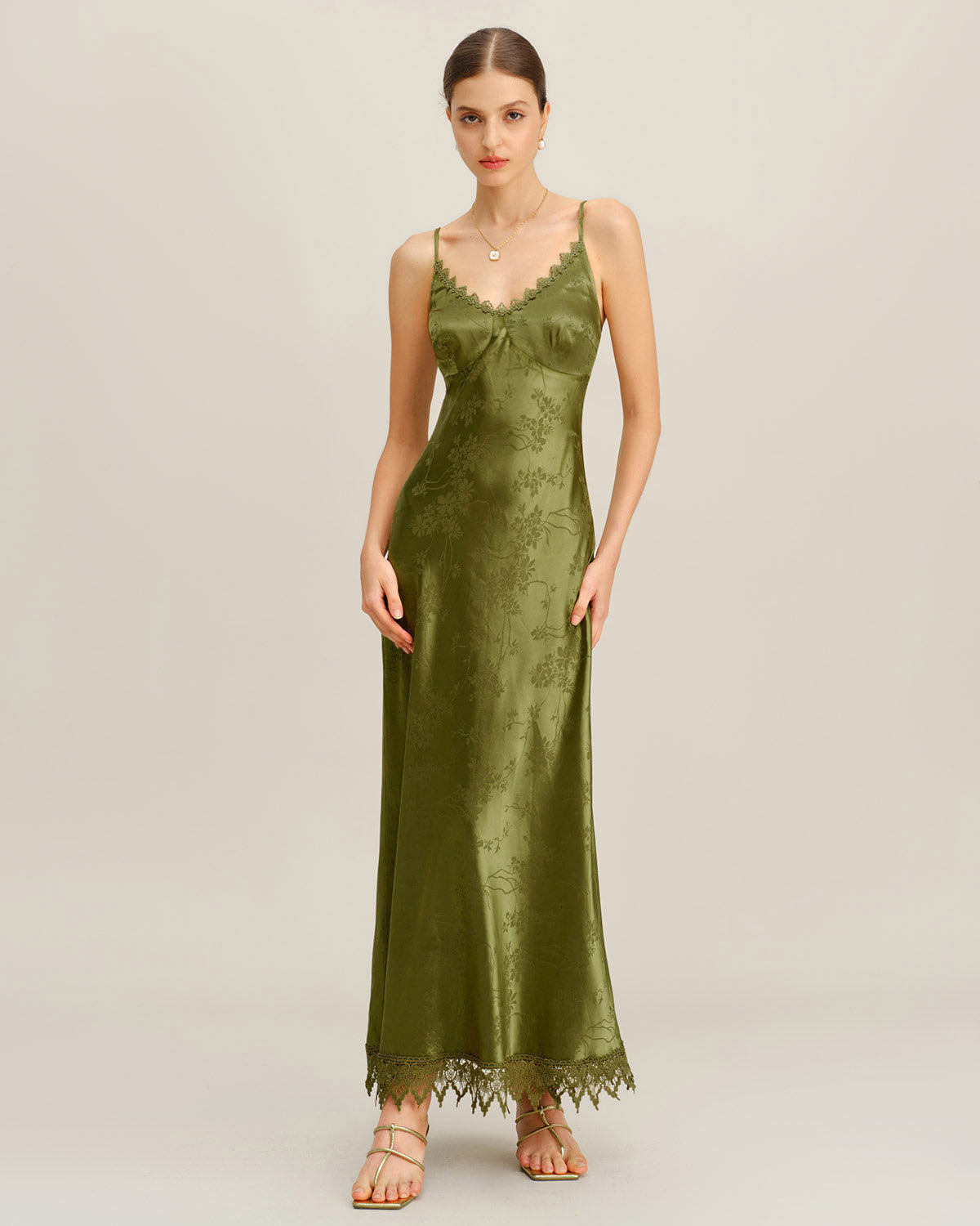 Vestido slip longo com corpete em jacquard verde