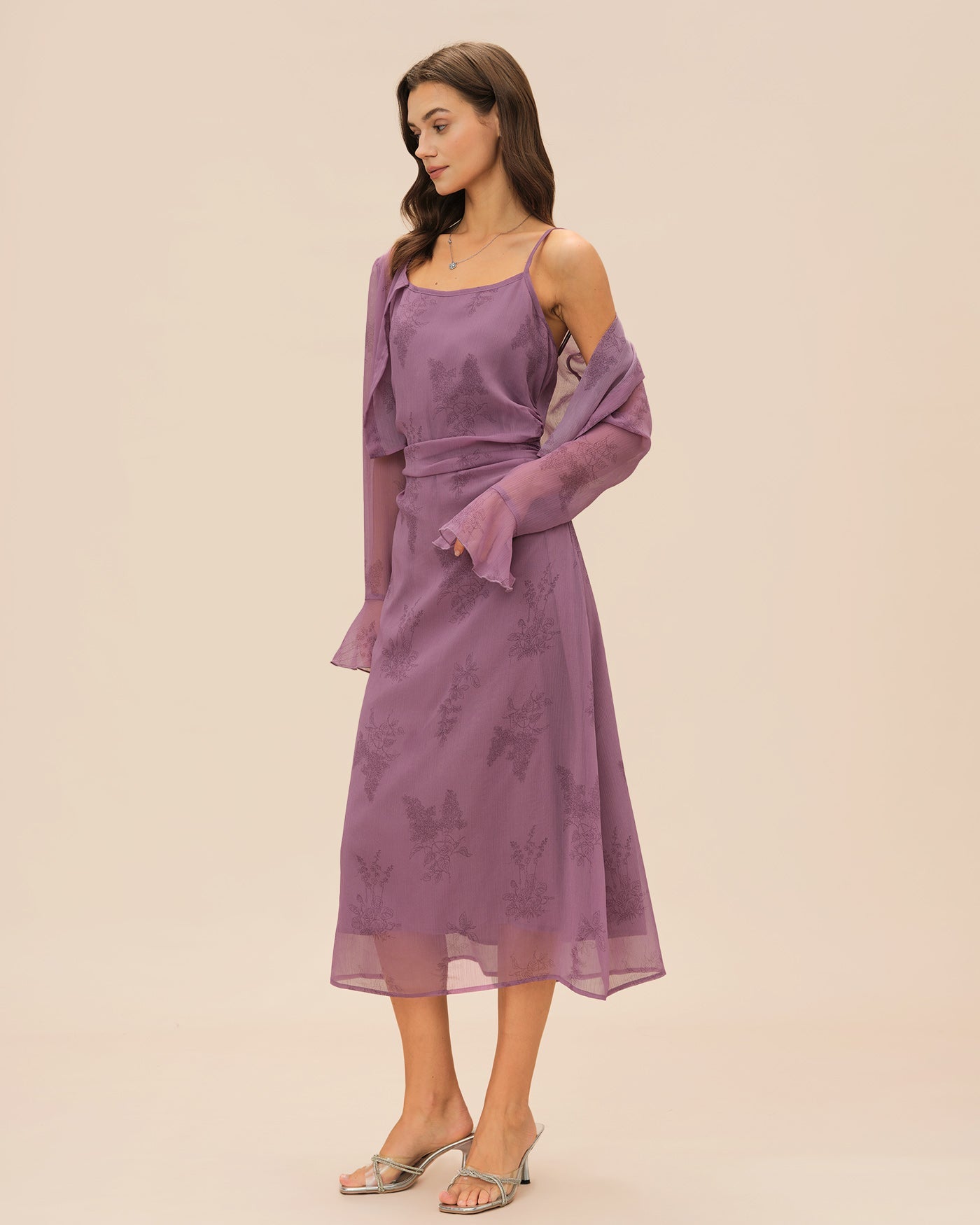Vestido midi slip floral roxo com franzidos