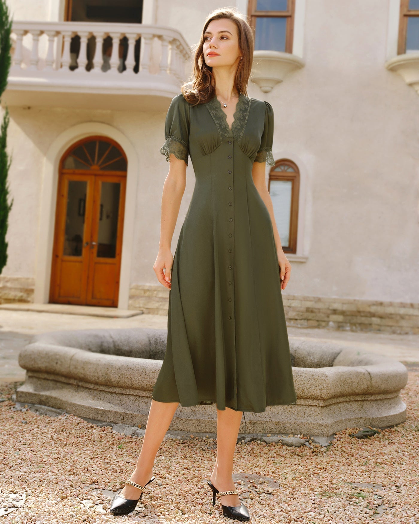 Vestido Midi de Cetim com Renda — Verde
