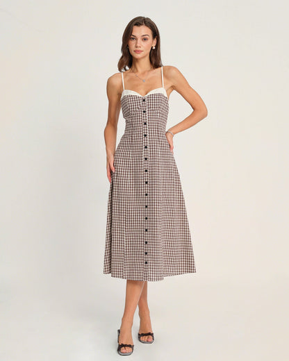 Vestido Midi Slip Xadrez Café
