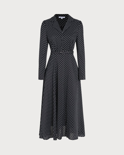 Vestido midi preto com gola e estampa de poá