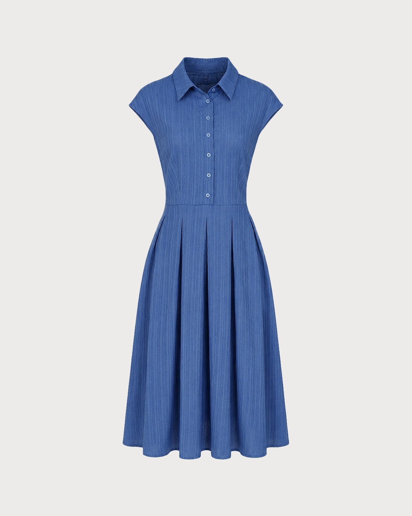 Vestido midi com gola azul e botões frontais