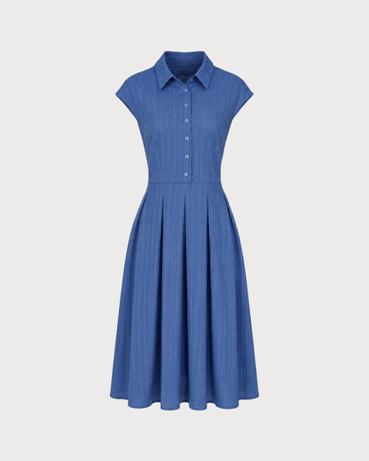 Vestido midi com gola azul e botões frontais