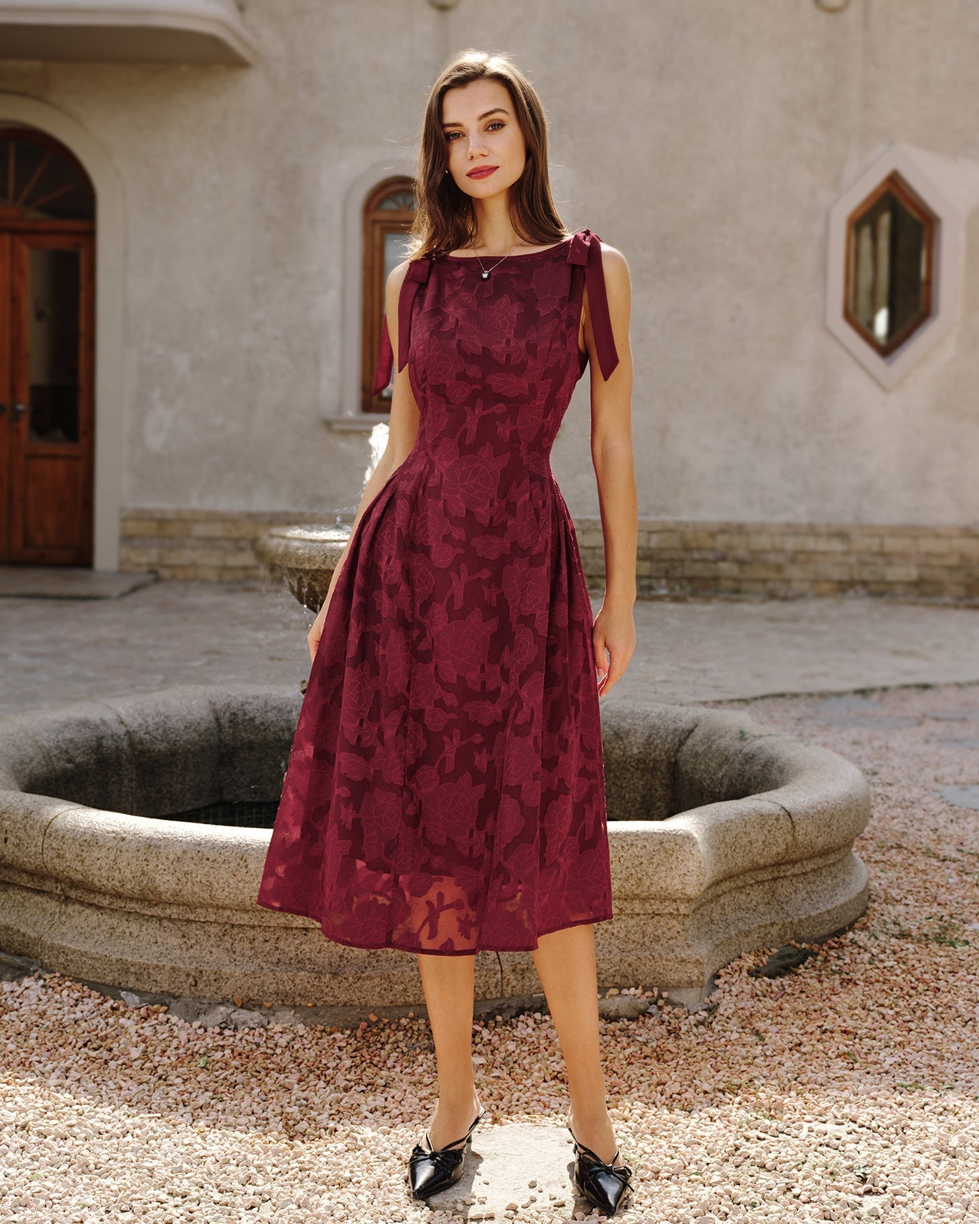 Vestido midi em chiffon jacquard vermelho