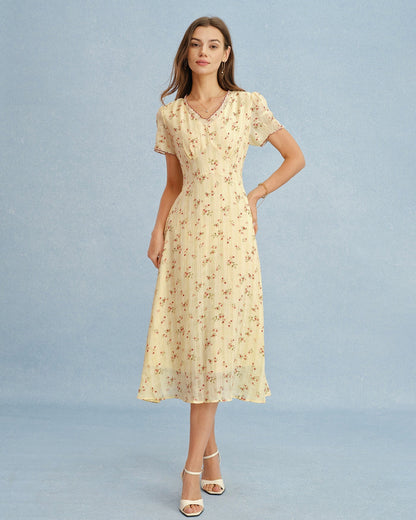 Vestido túnica midi floral com decote V - Amarelo
