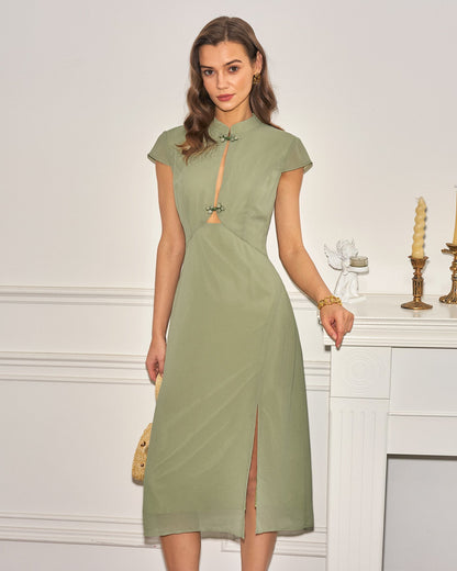 Vestido midi em chiffon com gola mandarim — Verde