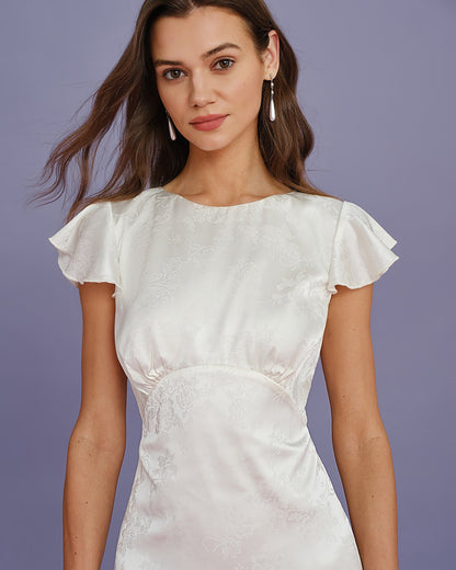 Vestido midi bege em jacquard com babados e decote canoa