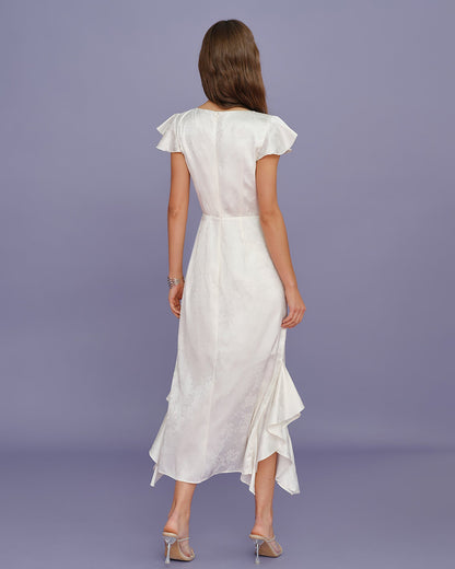 Vestido midi bege em jacquard com babados e decote canoa