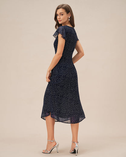Vestido midi azul com estampa de poá
