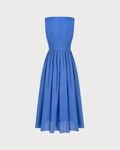 Vestido midi azul com decote quadrado, detalhe em amarração e bolsos