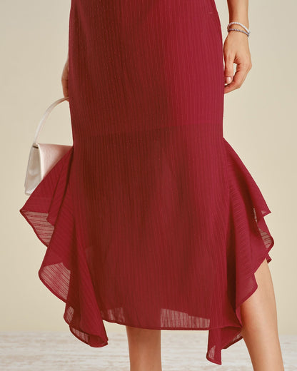 Vestido midi vermelho liso com decote canoa e babados