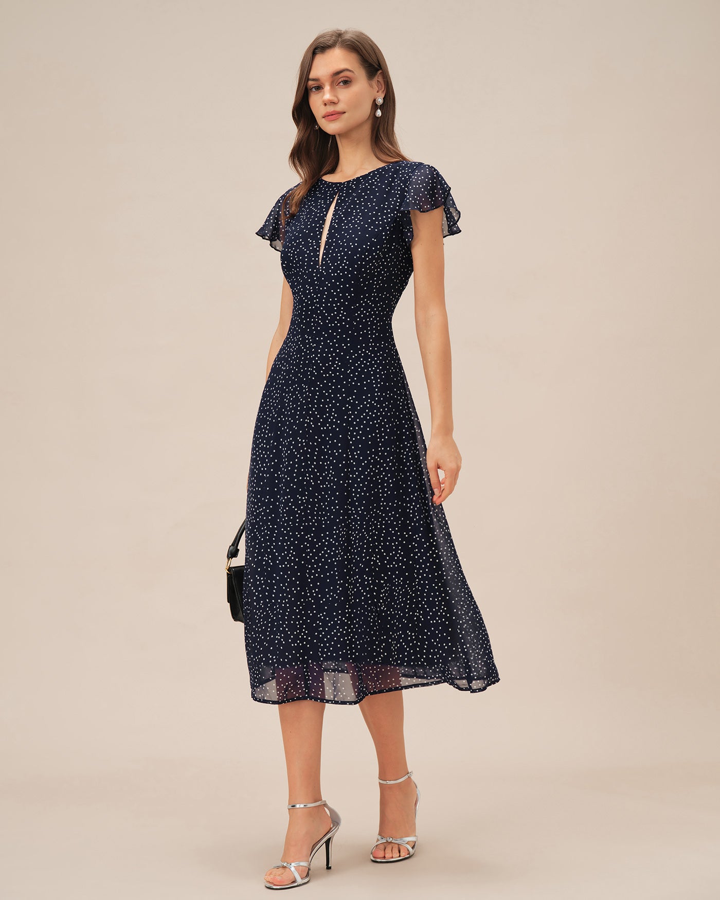 Vestido midi azul com estampa de poá