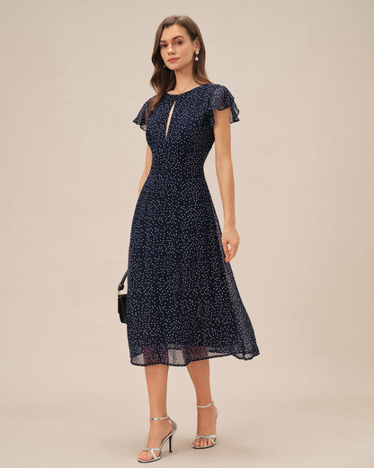 Vestido midi azul com estampa de poá