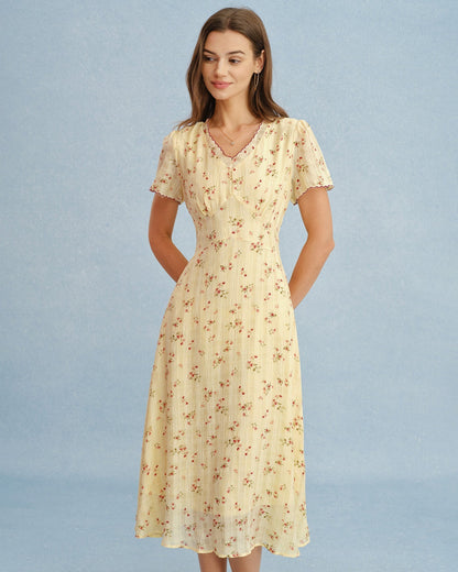Vestido túnica midi floral com decote V - Amarelo