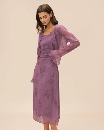 Vestido midi slip floral roxo com franzidos