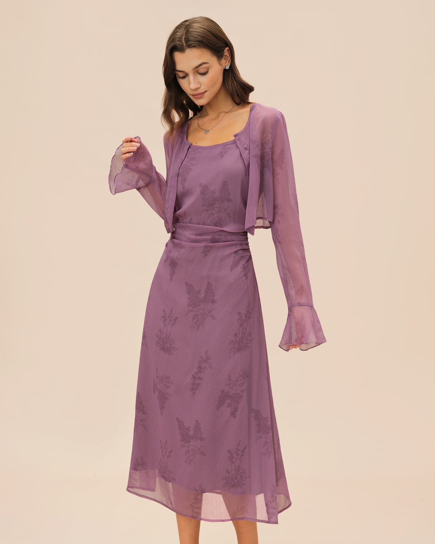 Vestido midi slip floral roxo com franzidos