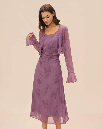 Vestido midi slip floral roxo com franzidos