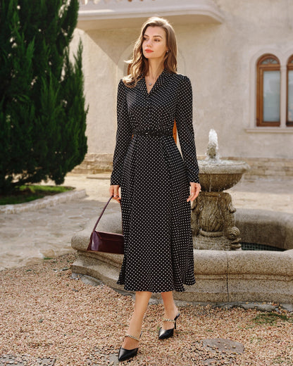 Vestido midi preto com gola e estampa de poá