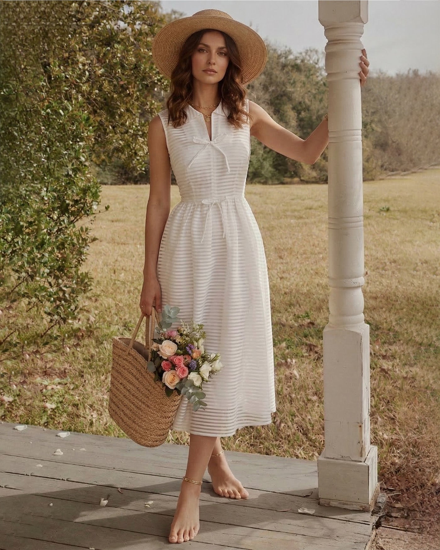 Vestido midi listrado sem mangas — branco